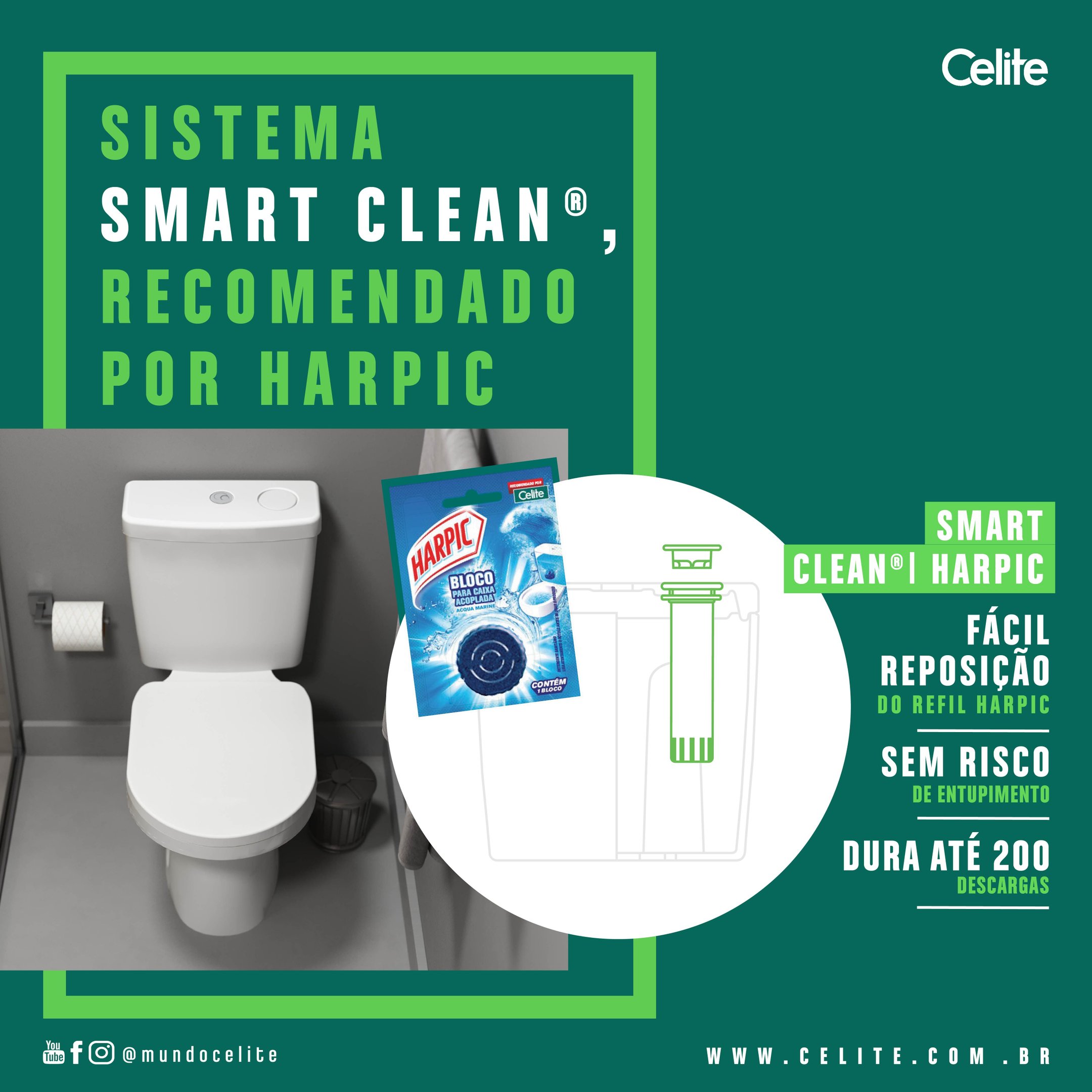 Kit Vaso Sanitário Rimless com Caixa Acoplada Smart Clean® Harpic e Assento Soft Close Vip Celite - 3