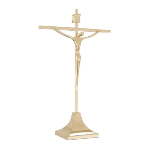 Crucifixo de Mesa em Metal Aço Inox Dourado 22 Cm - Decoração Religiosa Católica