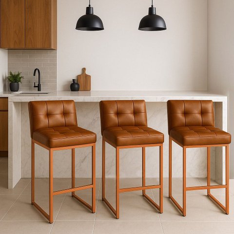 Banqueta Cozinha Alta com Encosto Industrial Kit 3 Bronze Lirina Pu Whisky C05 - D’Rossi