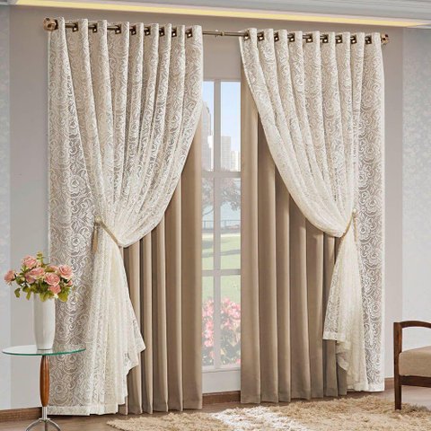 Cortina Monalisa 3,00m X 2,70m Varão Simples Tecido Blackout com Renda Floral - Chocolate