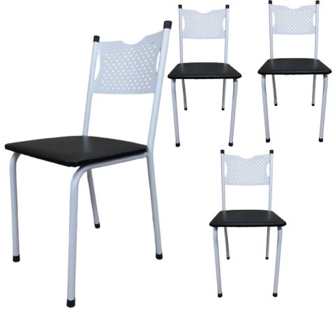Kit 4 Cadeira para Cozinha Mc Tubular Almofadada Estrutura Branca com Assento Preto Medcombo