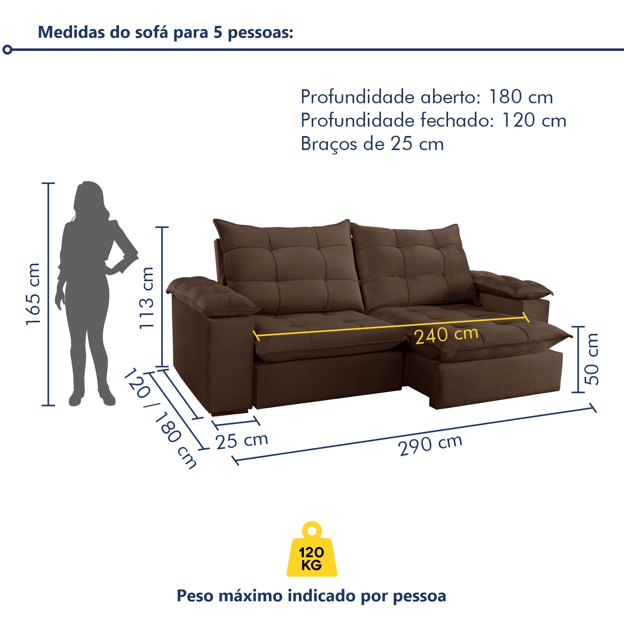 Sofa Retrátil e Reclinável 5 Lugares 290cm Espanha Veludo  - 8