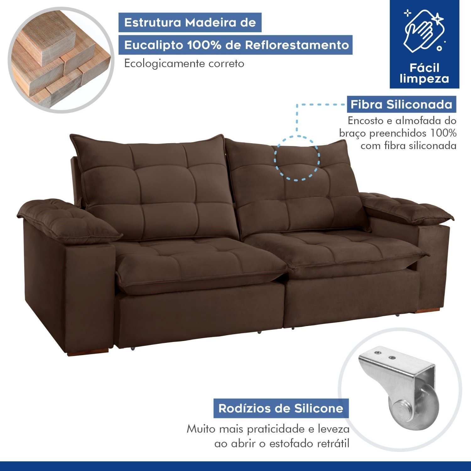 Sofa Retrátil e Reclinável 5 Lugares 290cm Espanha Veludo  - 3