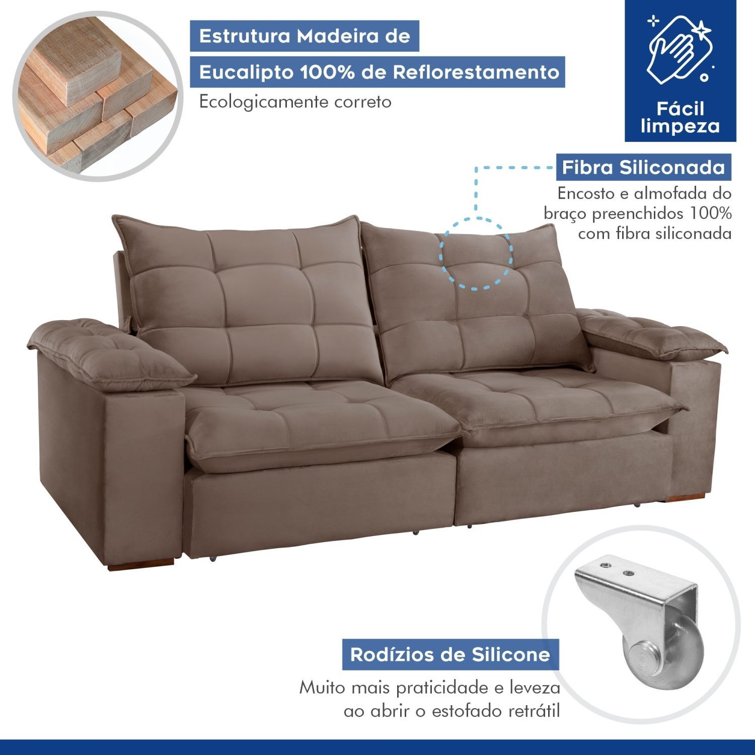 Sofa Retrátil e Reclinável 5 Lugares 290cm Espanha Veludo   - 3