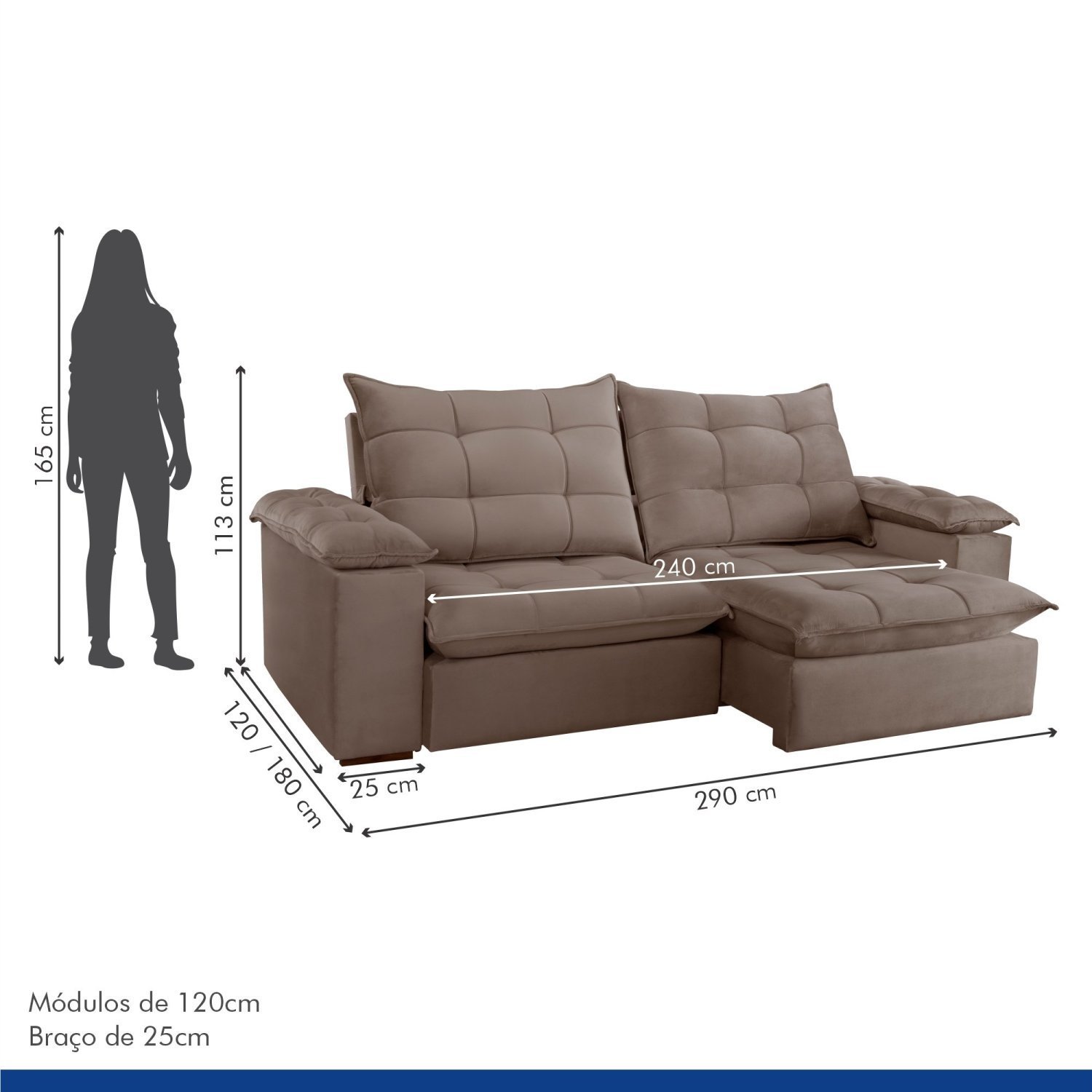 Sofa Retrátil e Reclinável 5 Lugares 290cm Espanha Veludo   - 7