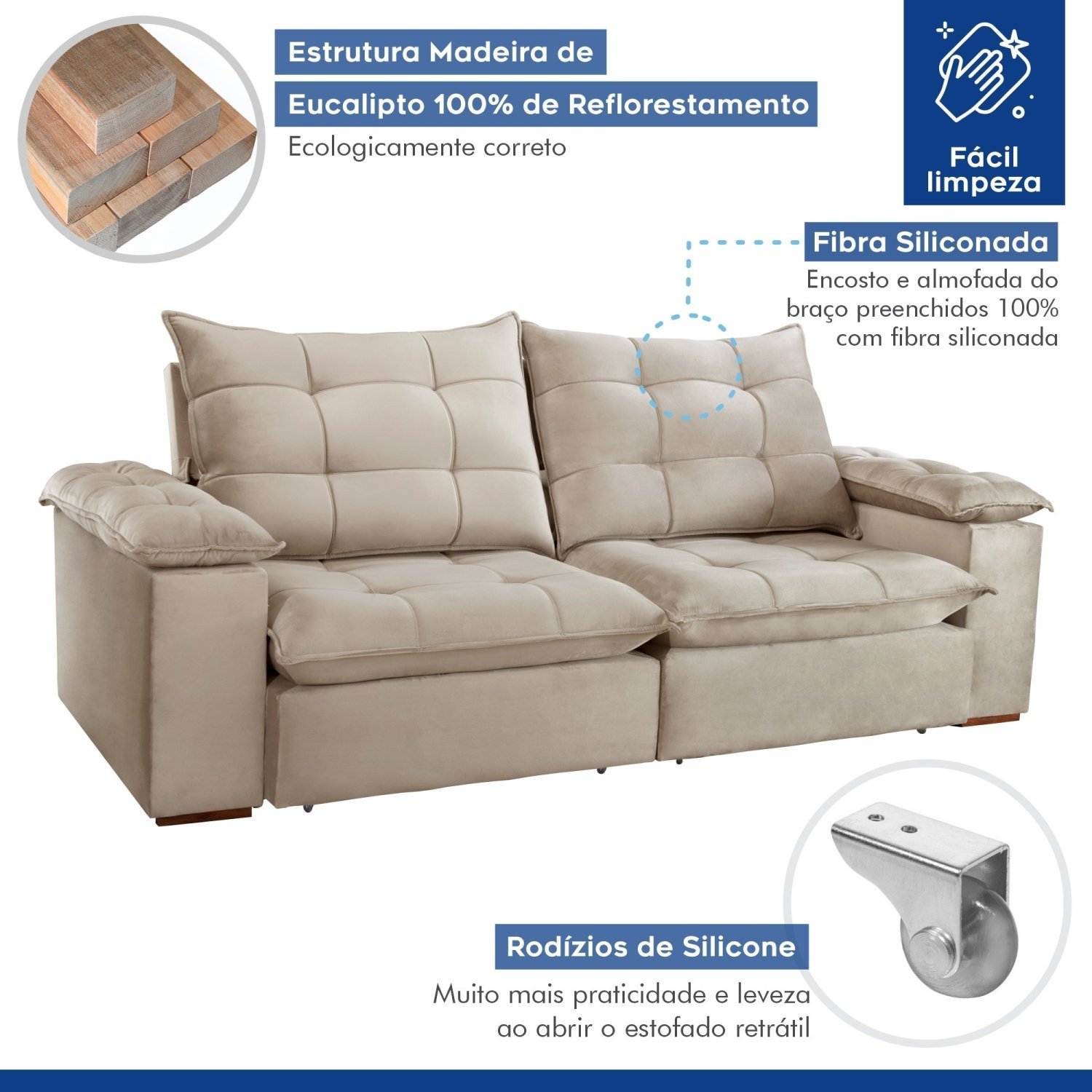 Sofa Retrátil e Reclinável 5 Lugares 290cm Espanha Veludo   - 3