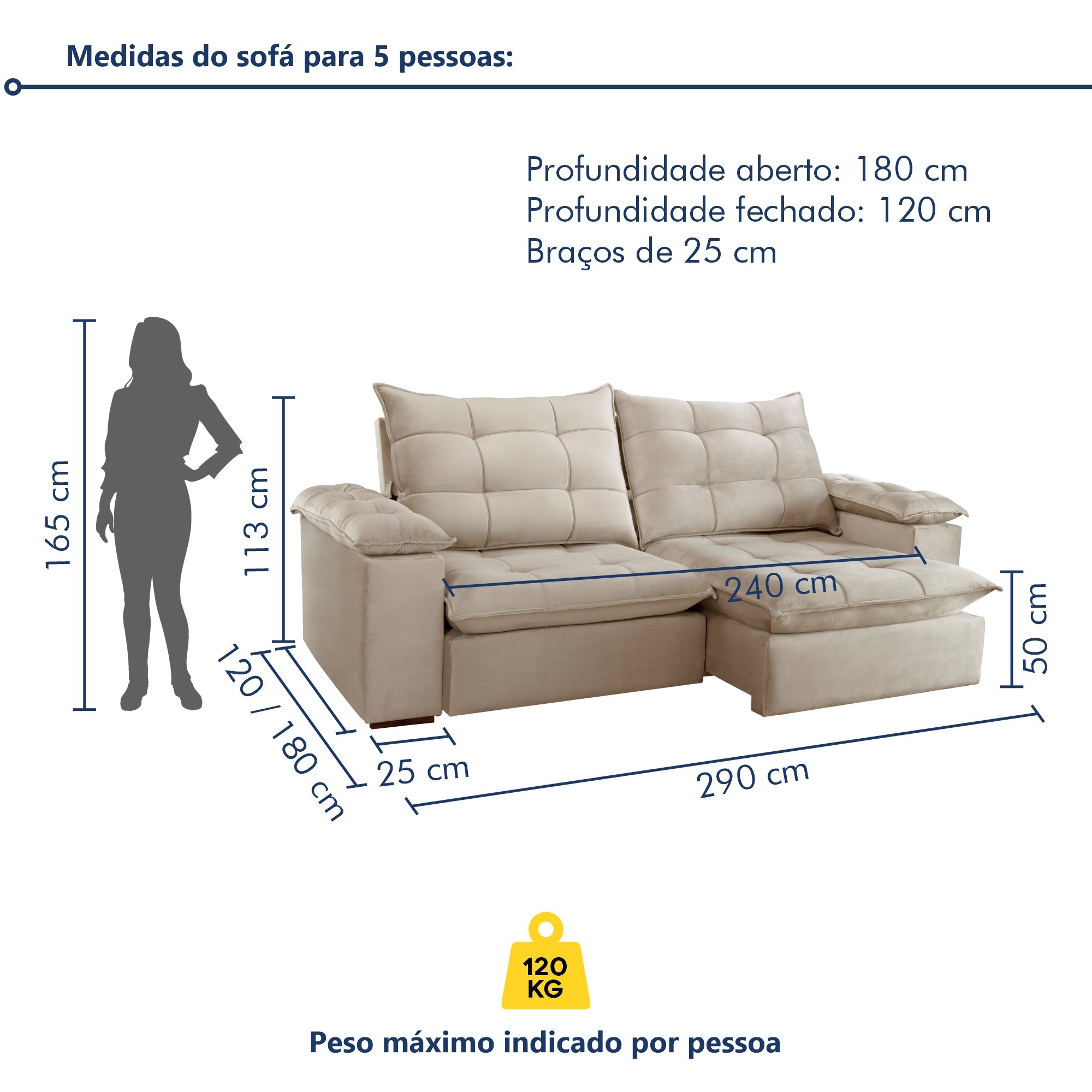 Sofa Retrátil e Reclinável 5 Lugares 290cm Espanha Veludo   - 8