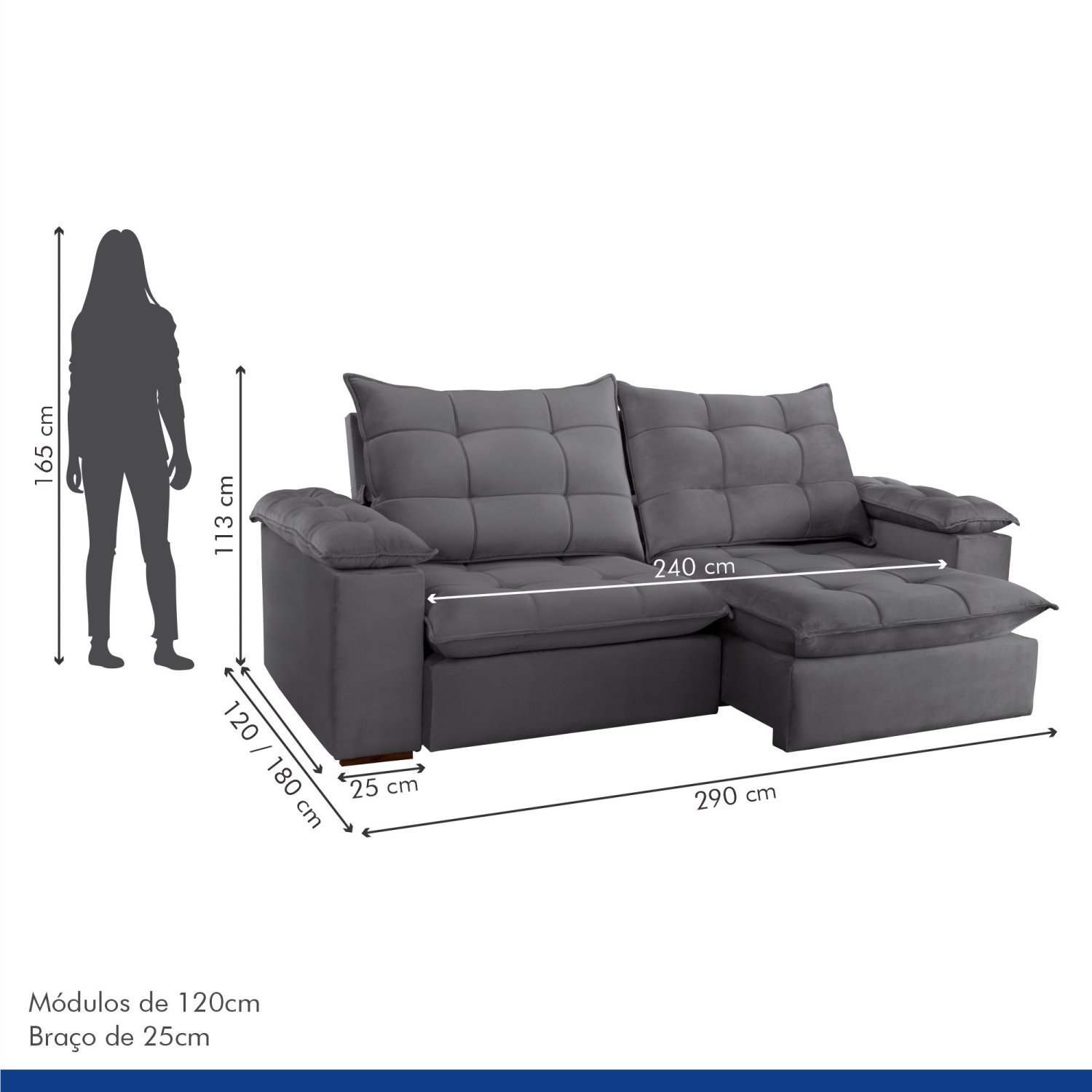 Sofa Retrátil e Reclinável 5 Lugares 290cm Espanha Veludo  - 7