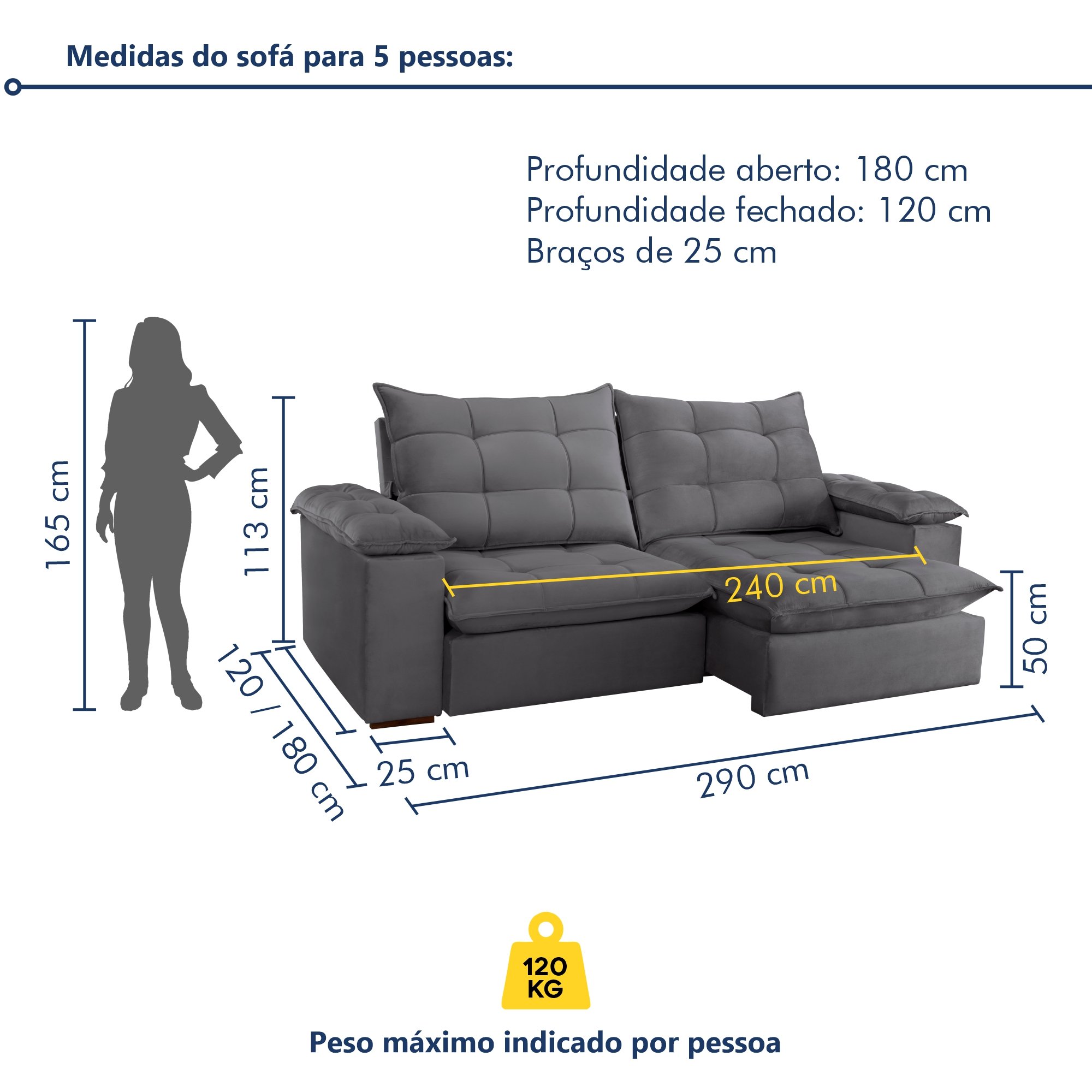 Sofa Retrátil e Reclinável 5 Lugares 290cm Espanha Veludo  - 8