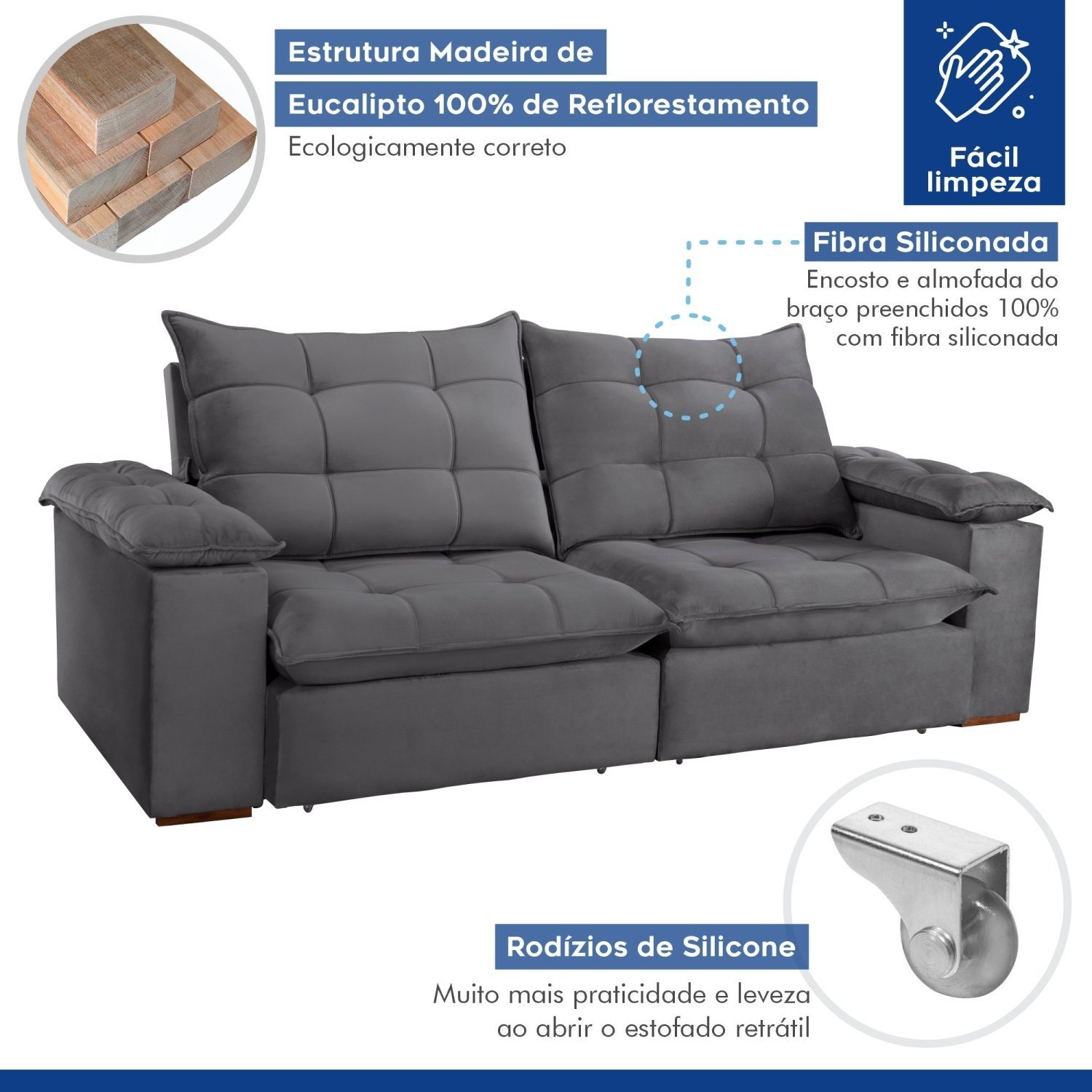 Sofa Retrátil e Reclinável 5 Lugares 290cm Espanha Veludo  - 3