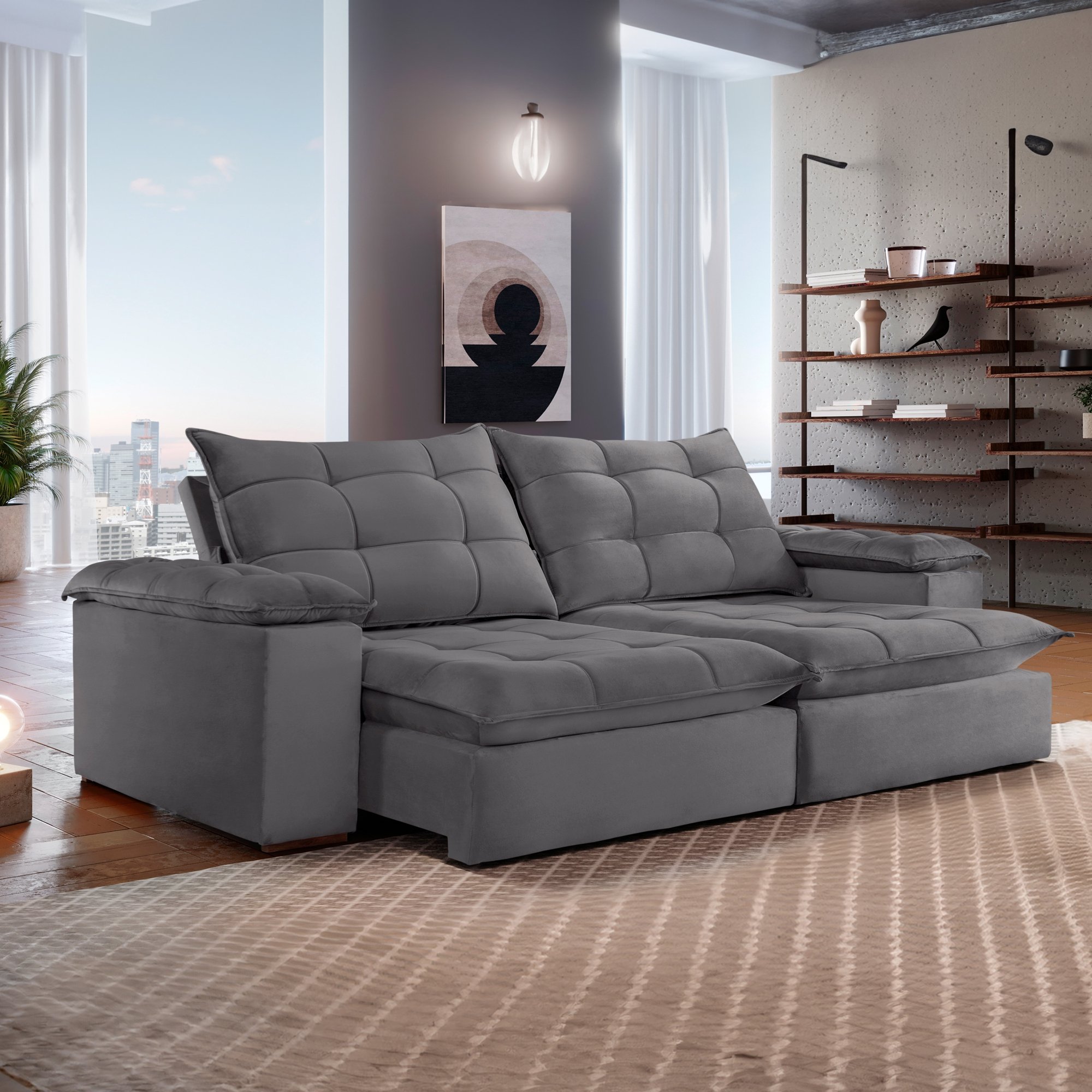 Sofa Retrátil e Reclinável 5 Lugares 290cm Espanha Veludo  - 1