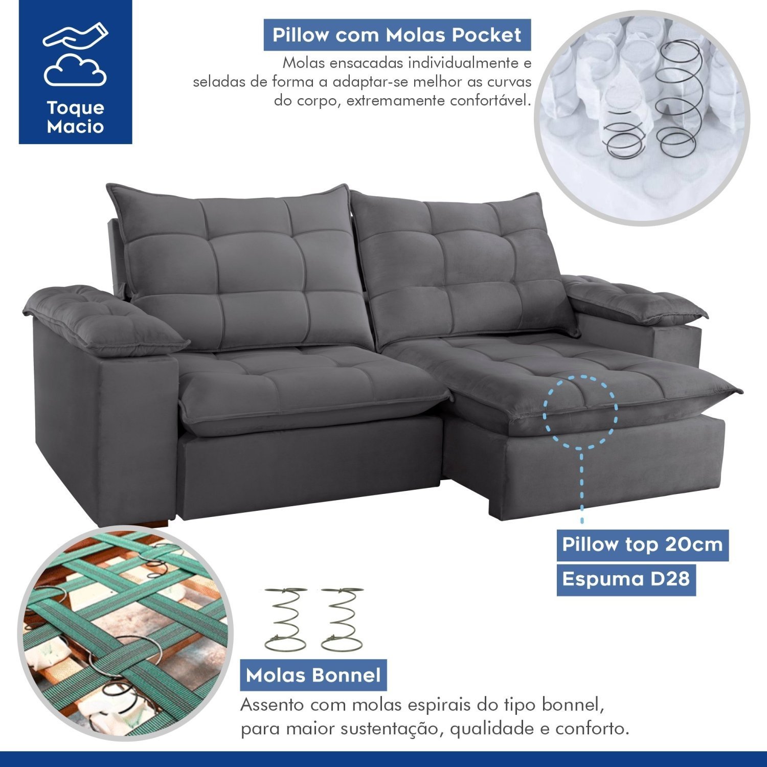 Sofa Retrátil e Reclinável 5 Lugares 290cm Espanha Veludo  - 4