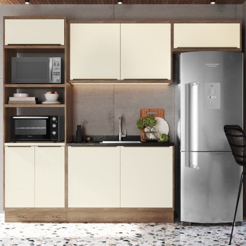 Cozinha Modulada 4 Peças 8 Portas 1 Nicho para Forno 100% MDF Louro Freijó e Argila Viena Bege