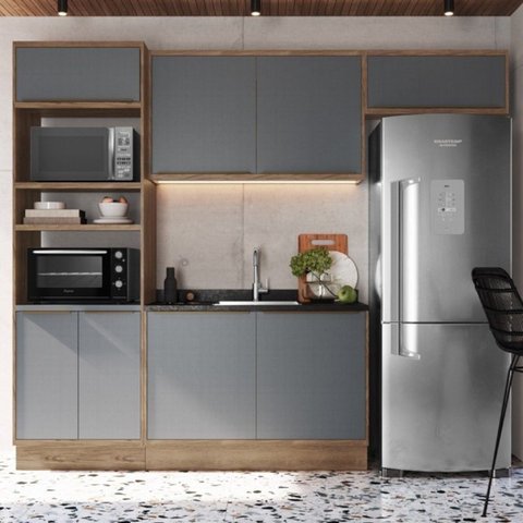 Cozinha Modulada 4 Peças 8 Portas 1 Nicho para Forno 100% MDF Louro Freijó e Cinza Viena