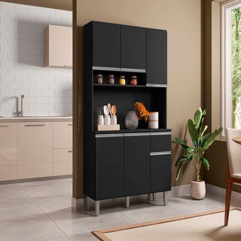 Armário de Cozinha Compacta 105cm 6 Portas 1 Gaveta Modulada Márcia MDP Preto Fosco Completa