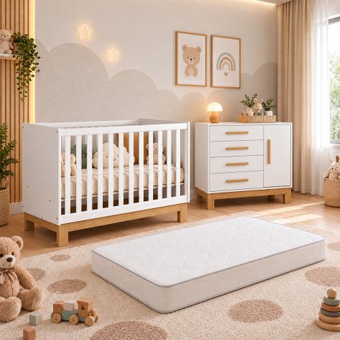Kit Quarto de Bebê Q Encanto Slim com Berço Mini Cama Cômoda Sapateira e Colchão D18 130x70 Movellu