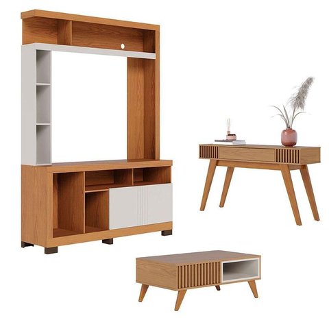 Estante Home Theater Elba com Mesa de Centro Jeri Freijó Off White Matte e Aparador Riviera Freijó –