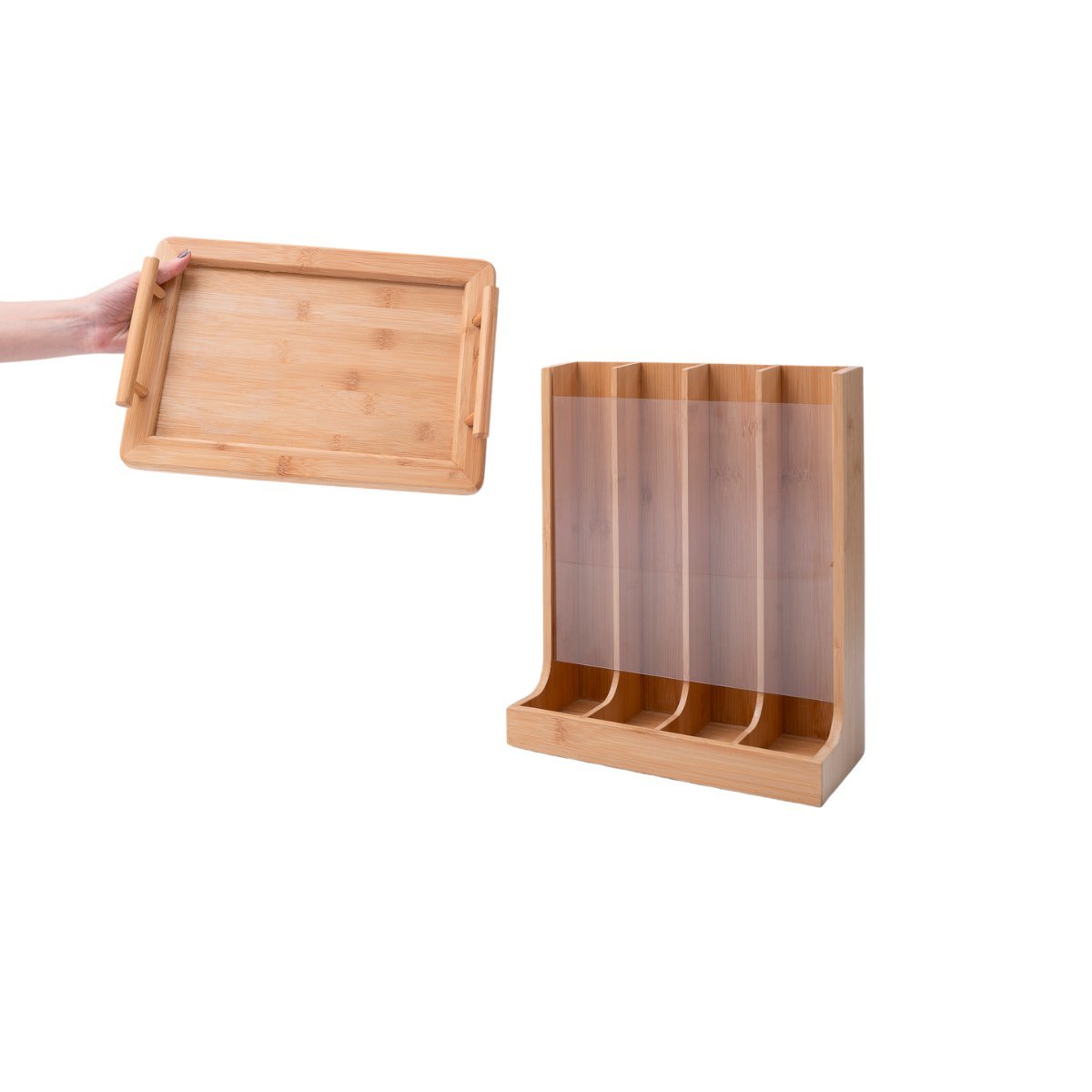 Kit com porta cápsulas e bandeja retangular com alças de bambu - Oikos