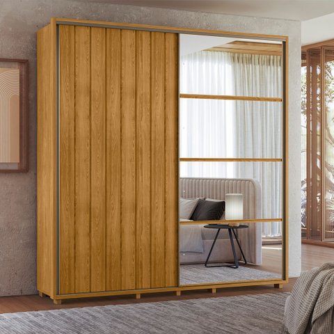 Guarda-Roupa Casal 2 Portas de Correr 100% MDF com Espelho e Pés Monet Yescasa Marrom/Cumaru