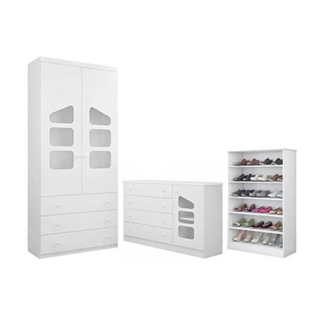 Guarda-Roupa Roupeiro 2 Porta e Gavetas + Cômoda Ludi MDF + Sapateira Bella