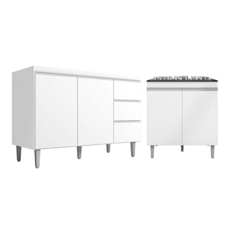 Kit Balcão Gabinete para Pia Andreia 120cm C- Balcão Cooktop 4 ou 5 Bocas Branco
