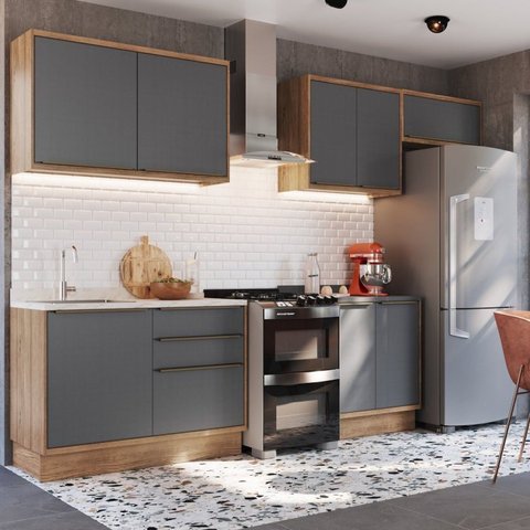Cozinha Modulada 5 Peças 8 Portas 3 Gavetas com Divisor de Talheres Viena Cinza
