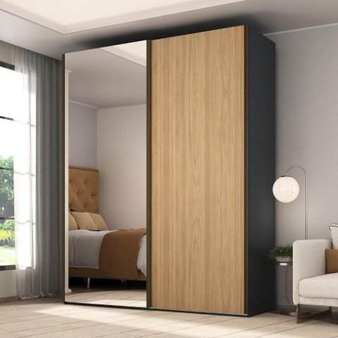 Guarda Roupa 2 Portas de Correr com Espelho MDF Preto com Olmo