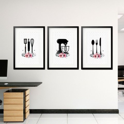 Kit 3 Quadros Grandes Cozinha Flores 60x48cm:moldura Preta