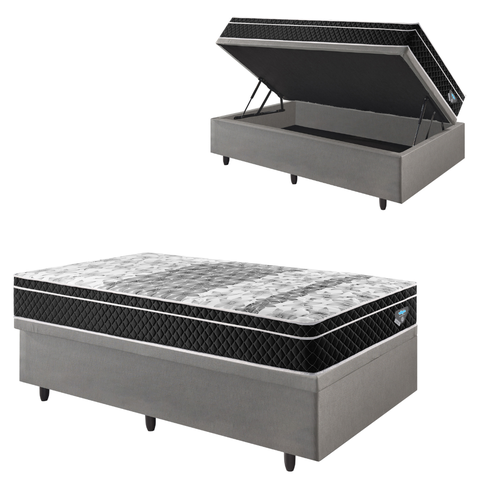 Cama Box Solteiro Baú Courino Linho Cinza com Colchão Gransleep Molas Verticoil Ecoflex 88x188