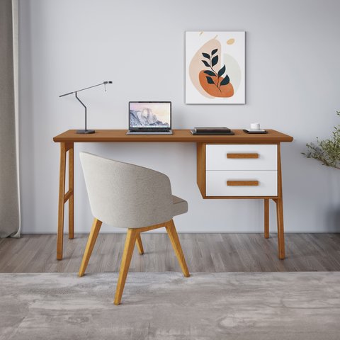 Escrivaninha Mesa Escritório Estruturada em 2 Gavetas 130cm Pés em Madeira Maciça Tampo em Lotus Cedro E Off White