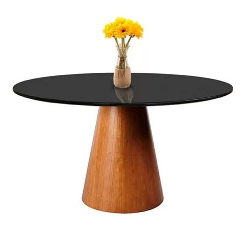 Mesa de Jantar Cone Base Mel 100 Cm Tampo Redondo com Vidro Preto  **SOMENTE A MESA**