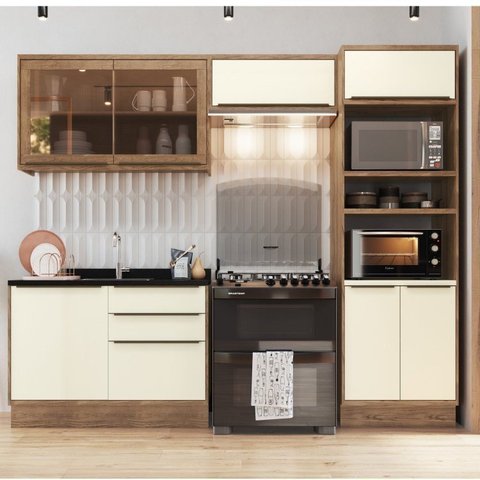 Cozinha Modulada 4 Peças 7 Portas 3 Gavetas com Divisor de Talheres 1 Nicho para Forno Viena Bege