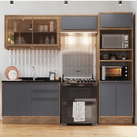 Cozinha Modulada 4 Peças 7 Portas 3 Gavetas com Divisor de Talheres 1 Nicho para Forno Viena Cinza/L