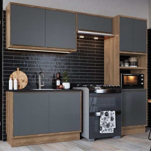 Cozinha Modulada Viena 4 Peças 2 Armários Aéreo 1 Torre Quente 1 Balcão de Cozinha Cinza
