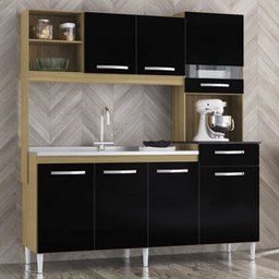 Kit Cozinha Compacta 7 Portas com Pia Inox Veronez P11 Damasco/Preto - Mpozenato - 2 Kit Cozinha Compacta 7 Portas com Pia Inox Veronez P11 Damasco/Preto - Mpozenato - 2