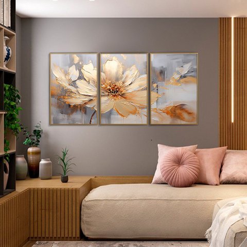 Quadro Decorativo Flor Dourada Kit 3 Quadros