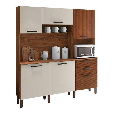 Armário de Cozinha Compacta 6 Portas e 2 Gavetas 180cm Dali Ripado Nogueira-off White - Pallazio