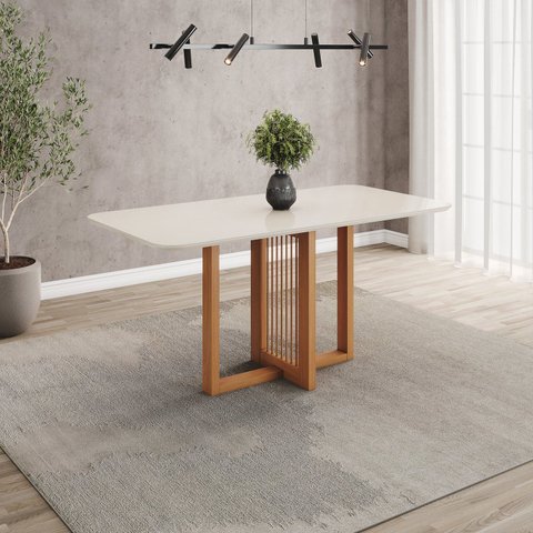 Mesa de Jantar 6 Lugares 160cm Tampo MDF e Vidro Canto Arredondado Natalí