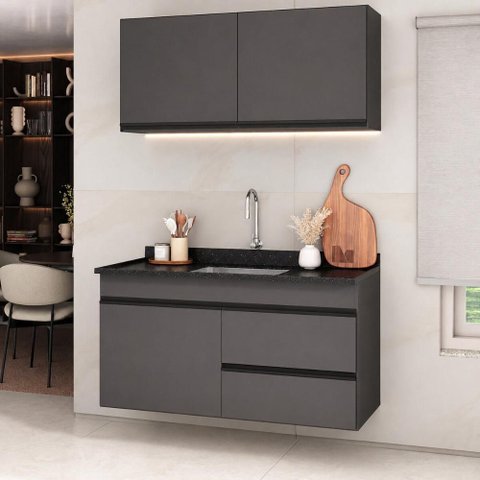 Armário Cozinha Modulada Compacta Suspensa com Pia 120cm Milano Multimóveis MCR2482 Grafite/Preto