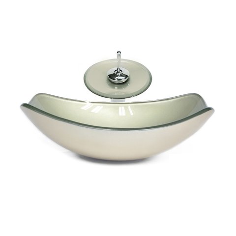 CUBA DE VIDRO OVAL CHANFRADA 51CM CHAMPANHE + VALVULA + TORNEIRA CASCATA