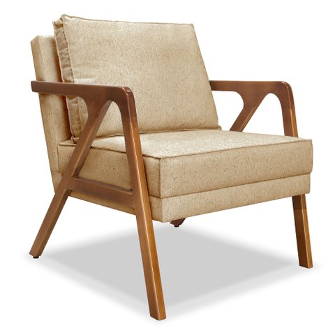 Poltrona Decorativa Luiza Linho Dourado Base em Madeira Castanho - Pallazio