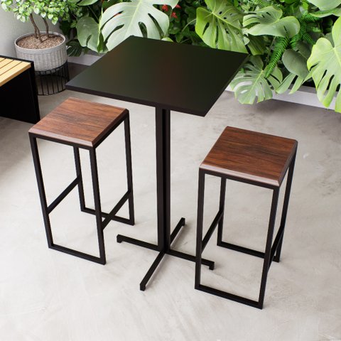 Conjunto Mesa Alta Bar Bistrô Quadrada Preta 2 Bancos Imbuia Industrial Black Don Castro Decor Indus