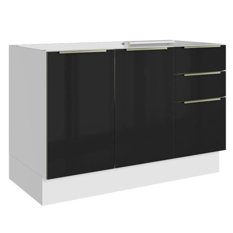 Balcão Gabinete de Pia 120 cm 2 Portas 3 Gavetas (sem Tampo) Branco/Preto Lux Madesa
