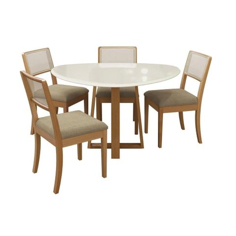 Sala Jantar Mesa Elma Premium Madeira Maciça C/ Tampo Madeirado C/ Vidro 135x105cm e 4 Cadeiras