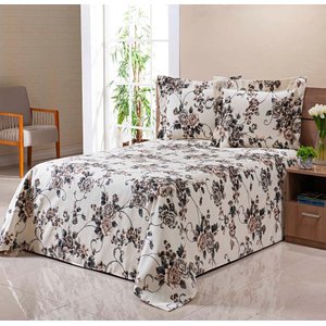 Colcha Cobre Leito Piquet Casal Queen 3pçs Floral Marrom