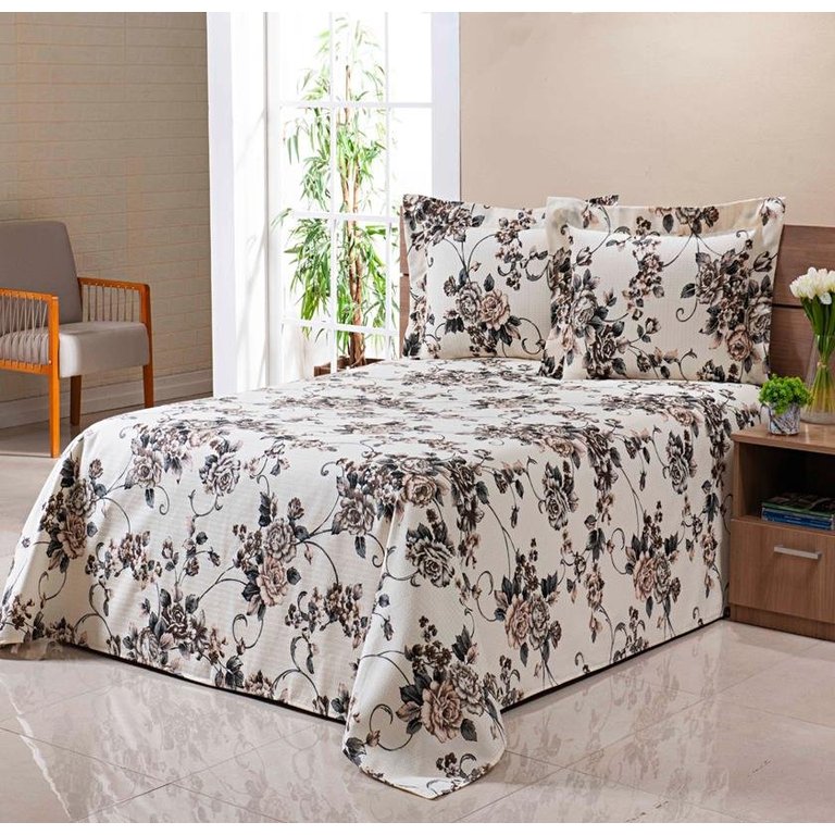 Colcha Cobre Leito Piquet Casal Queen 3pçs Floral Marrom Colcha Cobre Leito Piquet Casal Queen 3pçs Floral Marrom