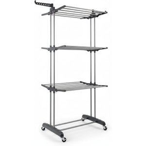 Multi Varal de Chão com Bandejas e Pés Dobráveis 3 Andares com Cabideiro- Cinza