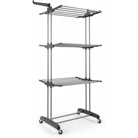 Multi Varal de Chão com Bandejas e Pés Dobráveis 3 Andares com Cabideiro- Cinza