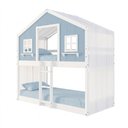 Ver imagem 1 de Beliche Montessoriano Casinha Dos Sonhos com Cortina Madeira Maciça Branco/ Azul Housin