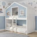 Ver imagem 2 de Beliche Montessoriano Casinha Dos Sonhos com Cortina Madeira Maciça Branco/ Azul Housin